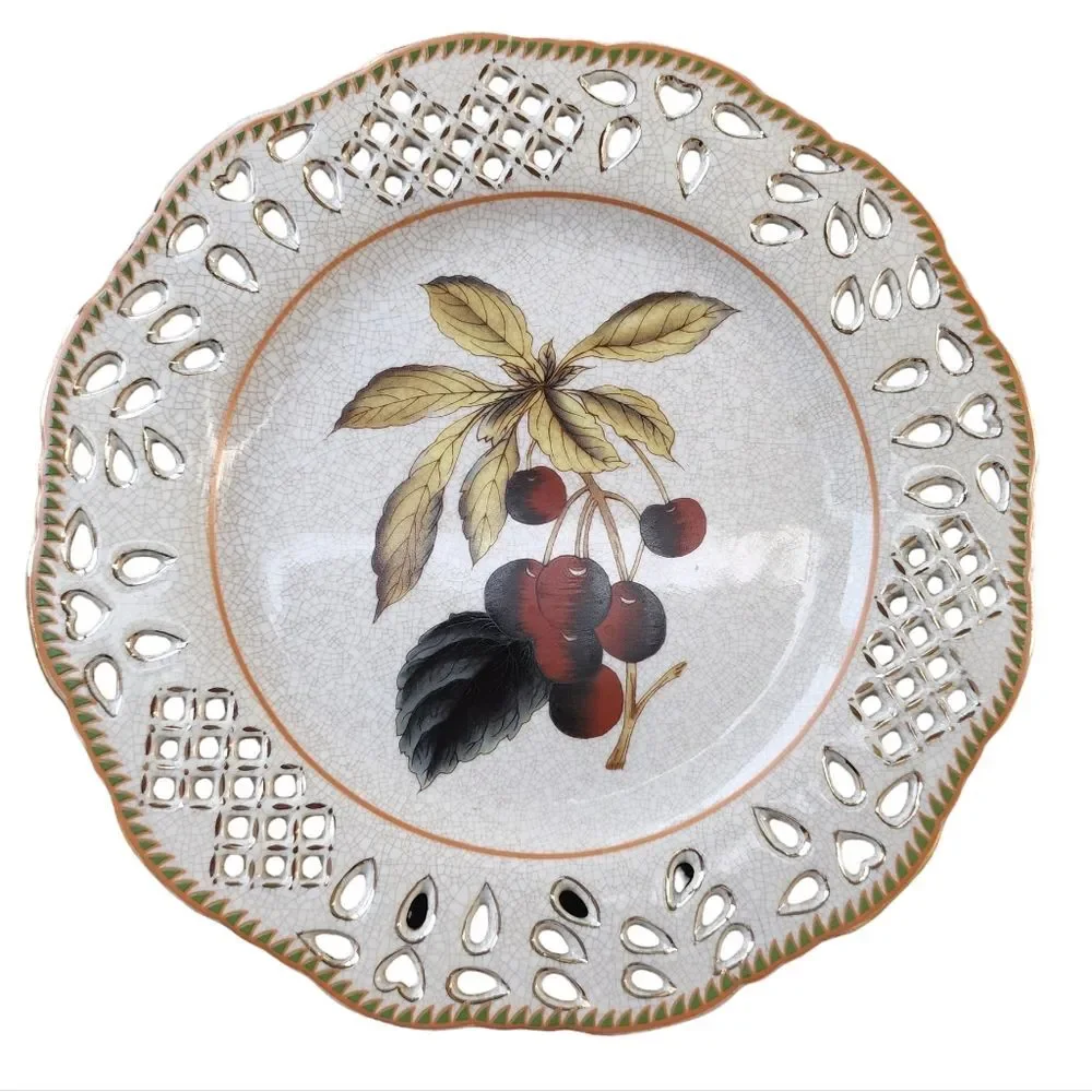 Set of Two Vintage Reticulated Porcelain Plates With Botanical Fruit Design 10.5